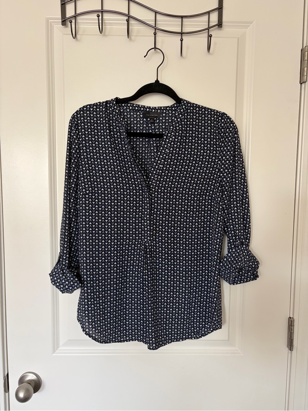 The Limited Navy and White Geometric Button-Down Blouse